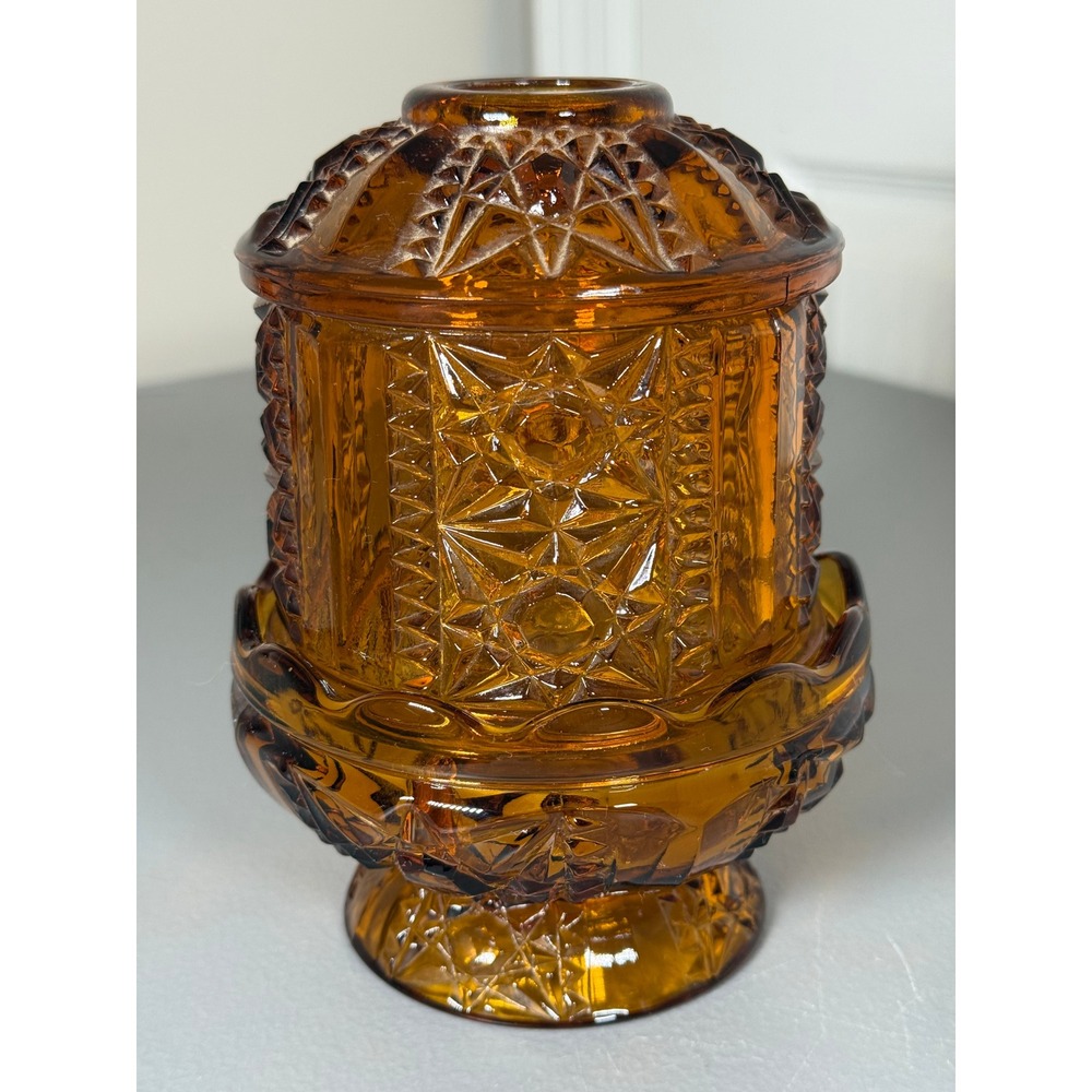 Vintage Amber Glass Fairy Lamp Stars and Bars Pattern MCM